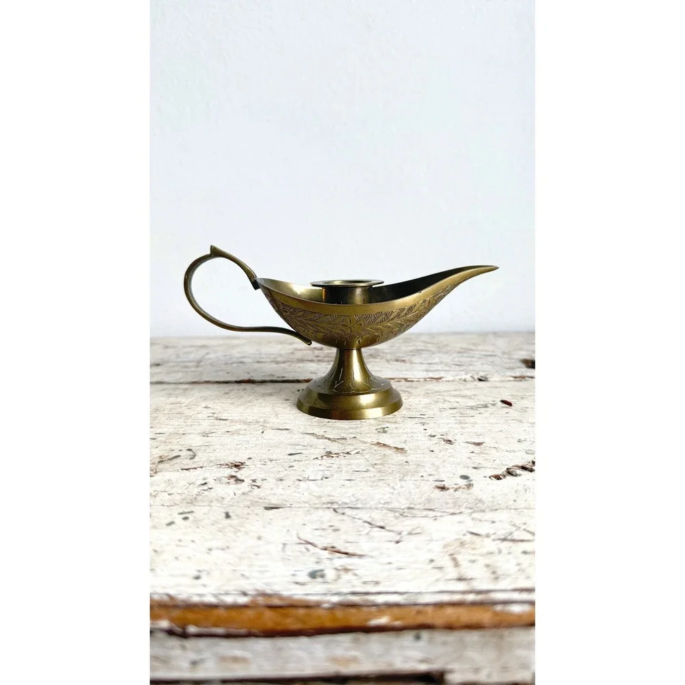 Vintage Etched Brass Genie Lamp Taper Candle Holder Boho Decor 6.25 Inch